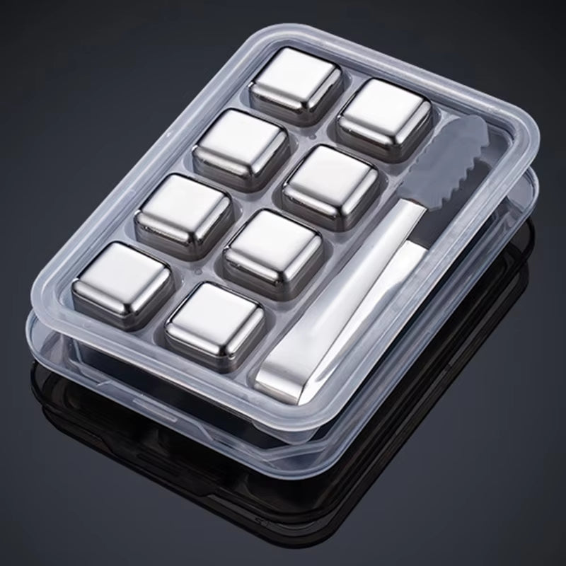 4/6/8 Piece Food-Grade Stainless Steel Ice Cubes Whiskey Stainless Steel Ice Cubes Set with Silicone Tongs and Ice Cube Trays