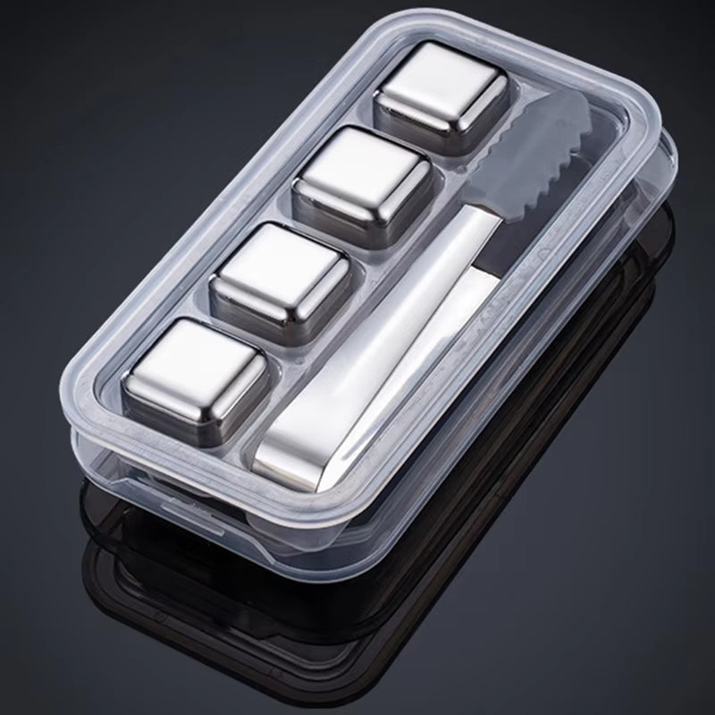 4/6/8 Piece Food-Grade Stainless Steel Ice Cubes Whiskey Stainless Steel Ice Cubes Set with Silicone Tongs and Ice Cube Trays
