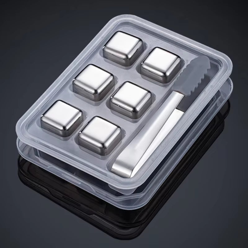 4/6/8 Piece Food-Grade Stainless Steel Ice Cubes Whiskey Stainless Steel Ice Cubes Set with Silicone Tongs and Ice Cube Trays