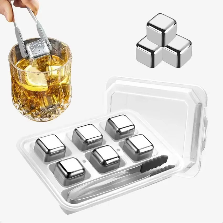 4/6/8 Piece Food-Grade Stainless Steel Ice Cubes Whiskey Stainless Steel Ice Cubes Set with Silicone Tongs and Ice Cube Trays