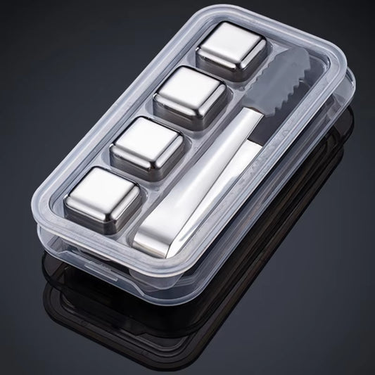 4/6/8 Piece Food-Grade Stainless Steel Ice Cubes Whiskey Stainless Steel Ice Cubes Set with Silicone Tongs and Ice Cube Trays