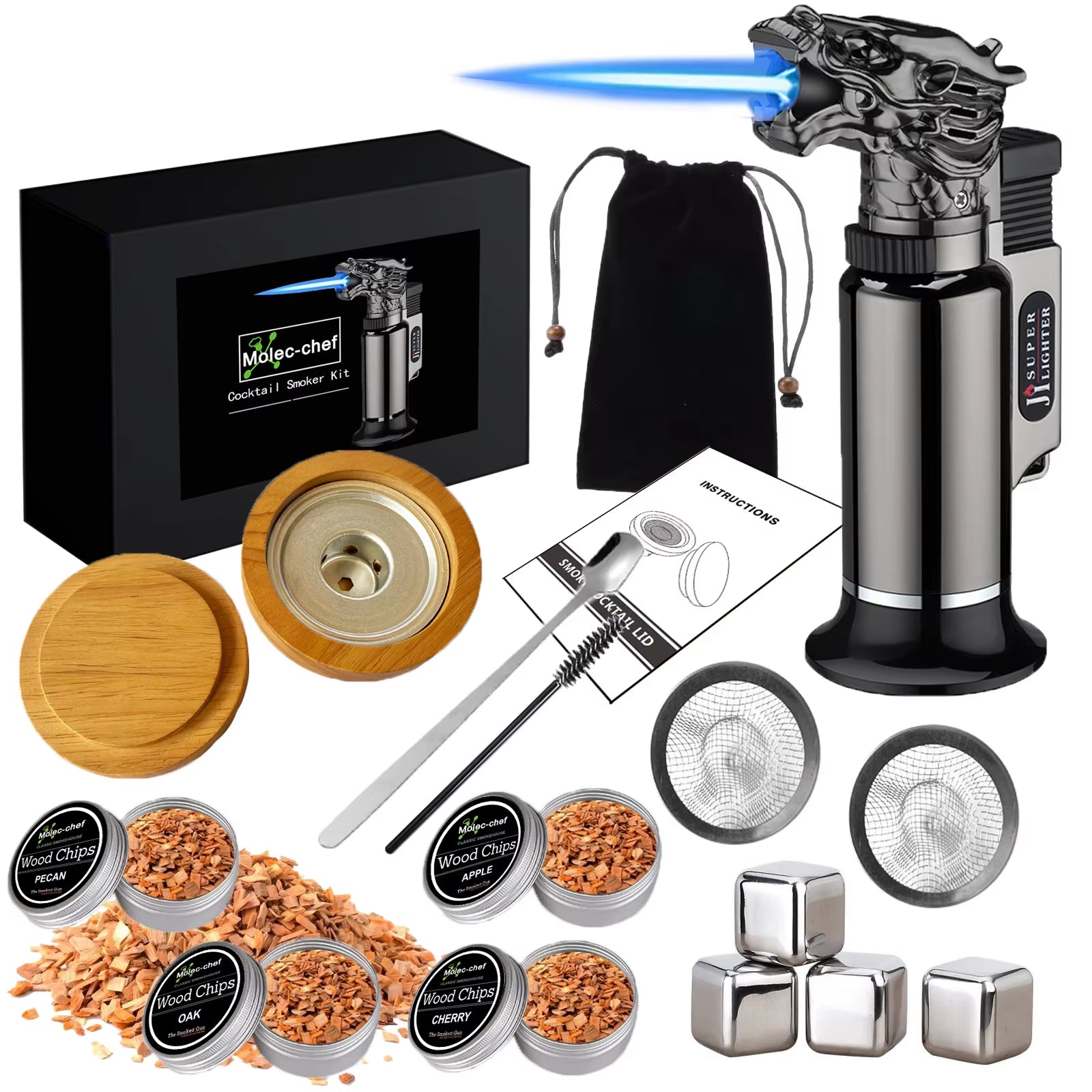 Kitchen Bar Tools Cocktail Smoker Kit 4 Types Smoked Wood Sustainable Flamethrower Party Reception Whiskey Beer Drink Smoker Set
